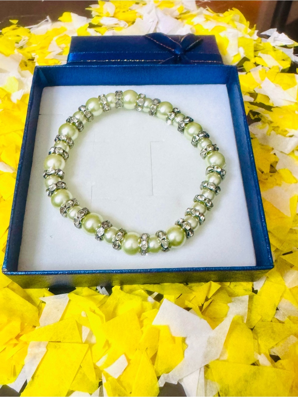 Light Green Pearl Stretch Bracelet with Silver Crystal Accents